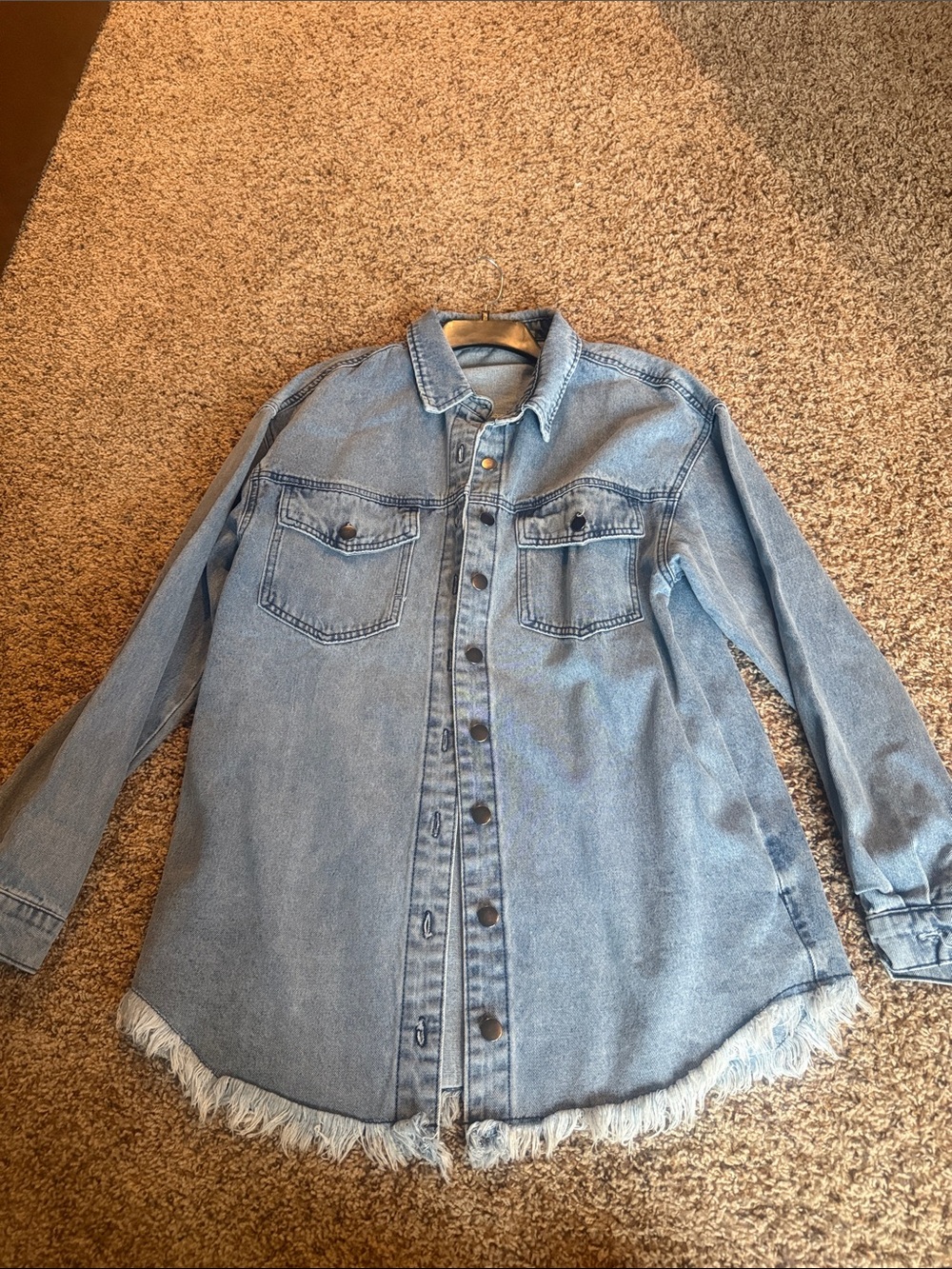 Women's Light Blue Denim Shacket with Frayed Hem